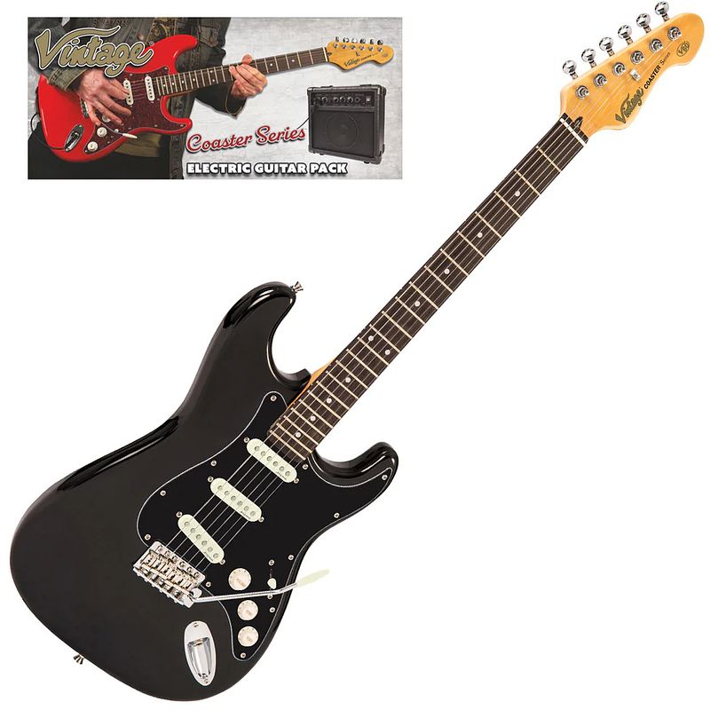 Foto van Vintage vip-v60blk coaster series gloss black guitar pack elektrische gitaar set met versterker