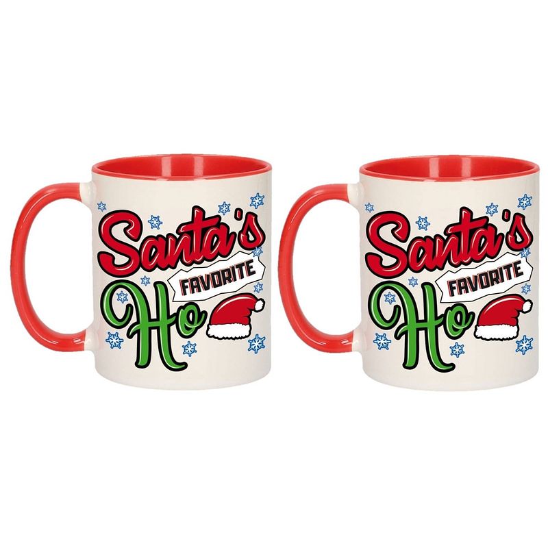 Foto van 2x stuks grappige kerstmis mokken santa his favorite ho 300 ml - bekers