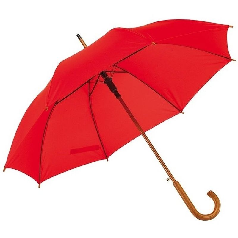 Foto van Rode paraplu 103 cm diameter met houten handvat - paraplu - regen