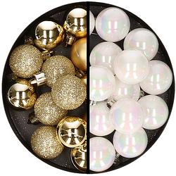 Foto van 36x stuks kunststof kerstballen goud en parelmoer wit 3 en 4 cm - kerstbal