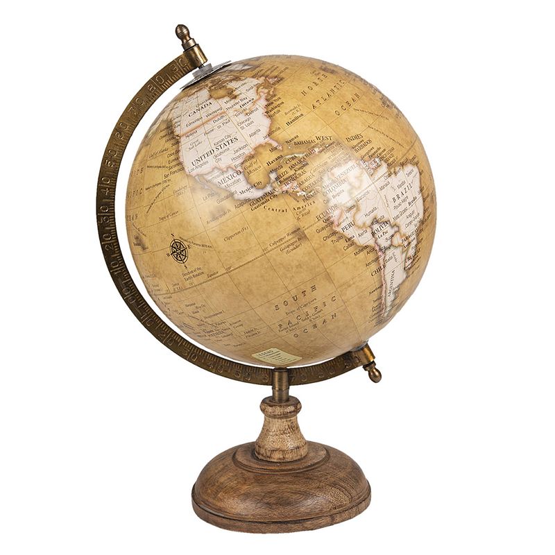 Foto van Clayre & eef wereldbol decoratie 22*22*37 cm geel bruin hout ijzer rond globe aardbol geel globe aardbol