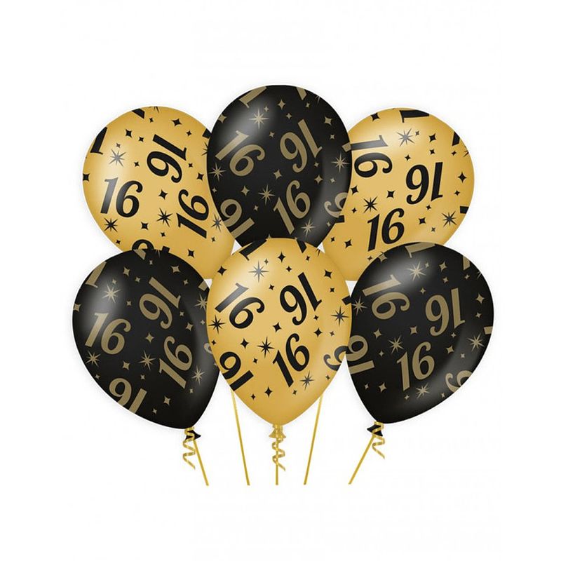Foto van 6x stuks leeftijd verjaardag feest ballonnen 16 jaar geworden zwart/goud 30 cm - ballonnen