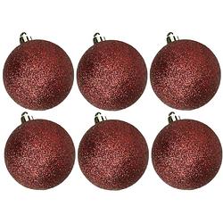 Foto van 6x stuks kunststof glitter kerstballen donkerrood 8 cm - kerstbal
