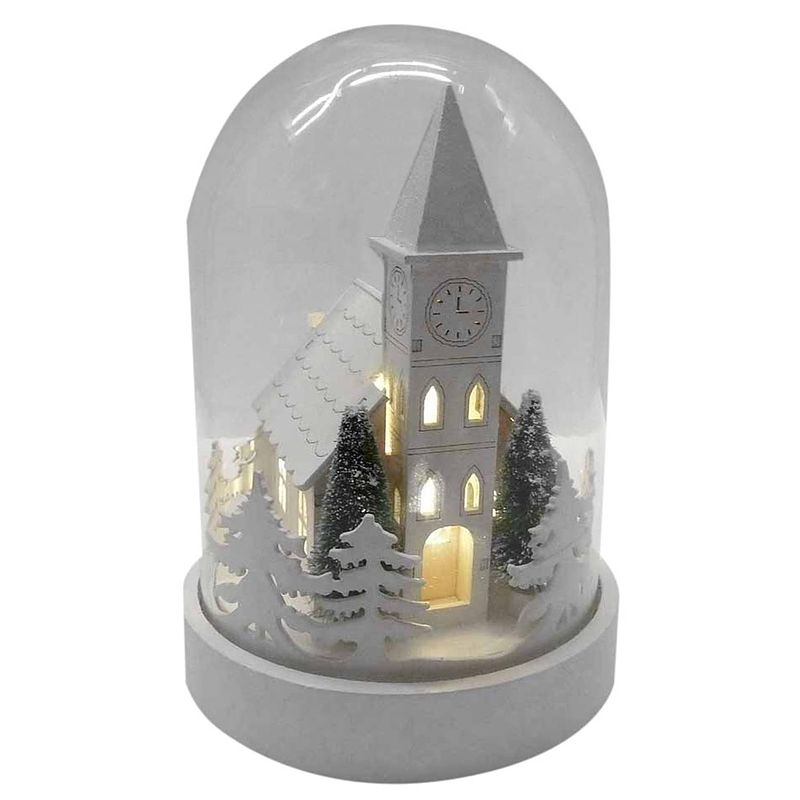 Foto van Peha kerststolp kerk led 18,5 cm hout/glas wit/transparant