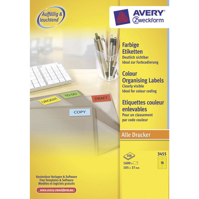 Foto van Etiket avery ilk 105x37mm 100 vel 16 etiketten per vel geel