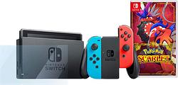 Foto van Nintendo switch rood/blauw + pokémon scarlet + bluebuilt screenprotector