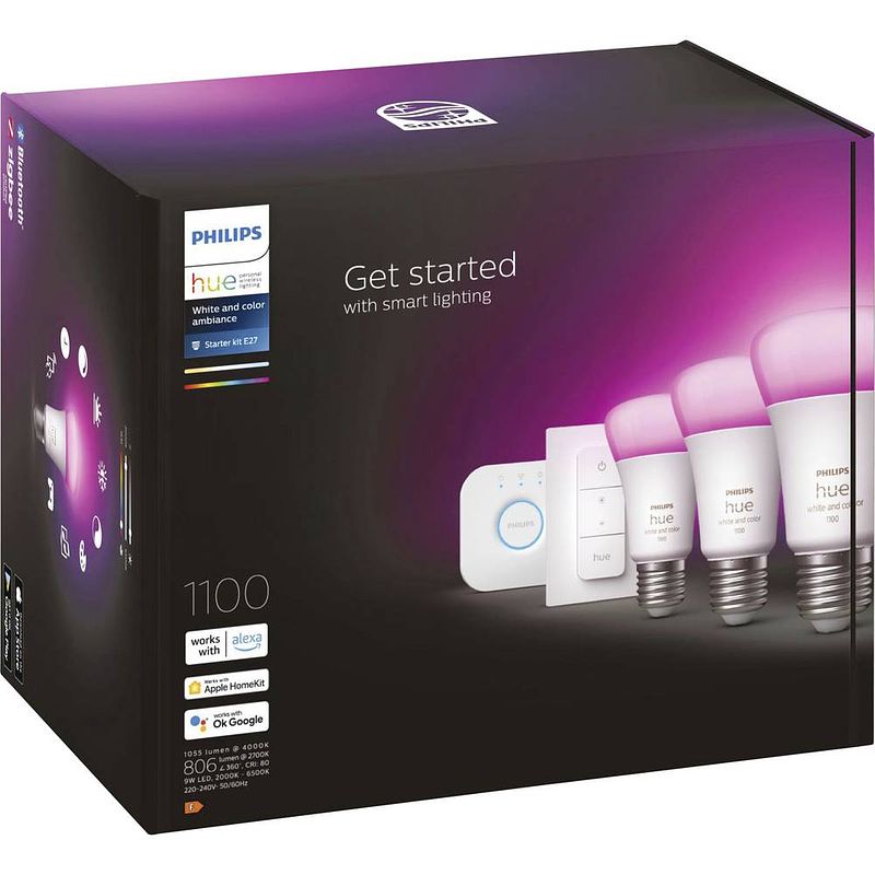 Foto van Philips hue starterkit a60 e27 3-lampen wit en gekleurd licht