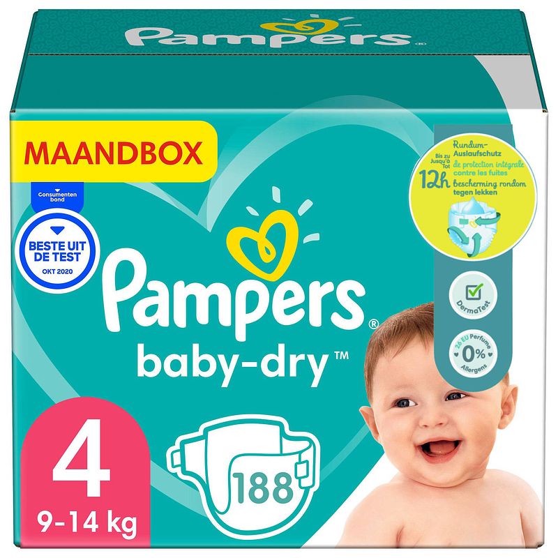 Foto van Pampers - baby dry - maat 4 - maandbox - 188 luiers - voordeel