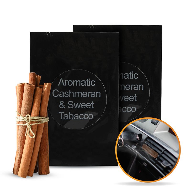 Foto van R2b® autoparfum navulling - aromatische kasjmier & zoete tabak - 2 stuks - auto geurverfrisser - luchtverfrisser