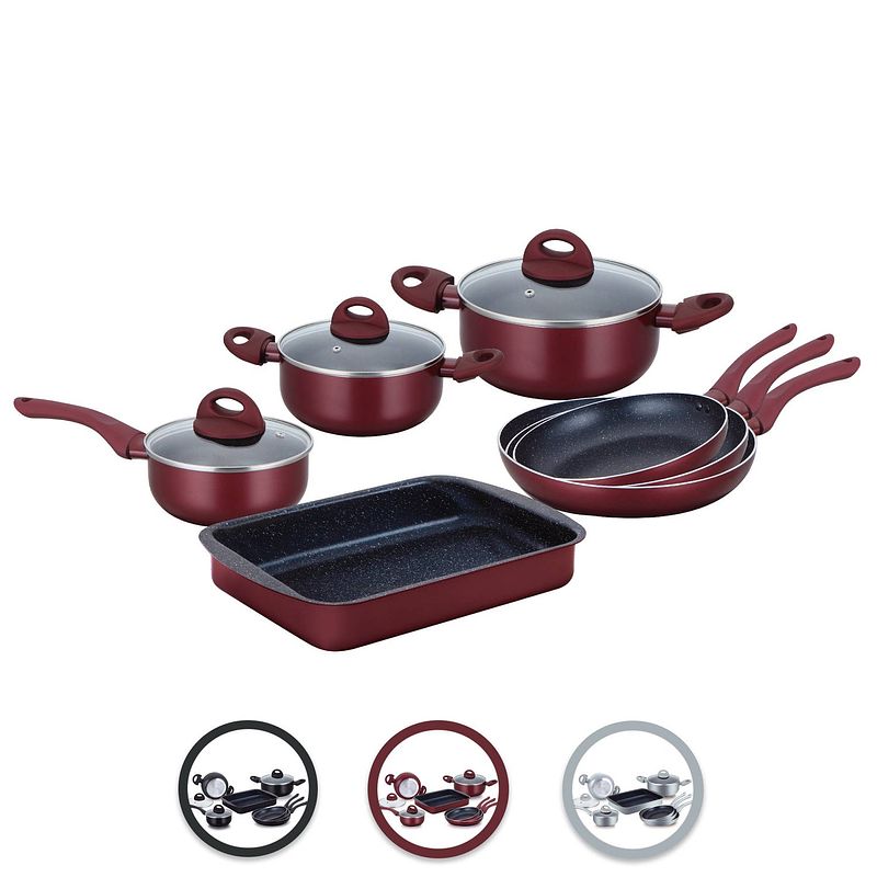 Foto van Herzberg hg-9016br: 10 pieces marble coated cookware set - burgundy