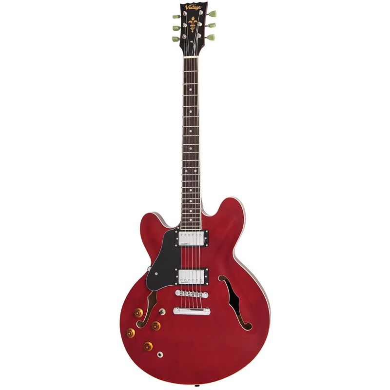 Foto van Vintage vsa500 reissued left hand cherry red linkshandige semi-akoestische gitaar