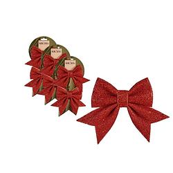 Foto van 6x stuks kerstboomversieringen kleine ornament strikjes/strikken rode glitters 14 x 12 cm - kersthangers