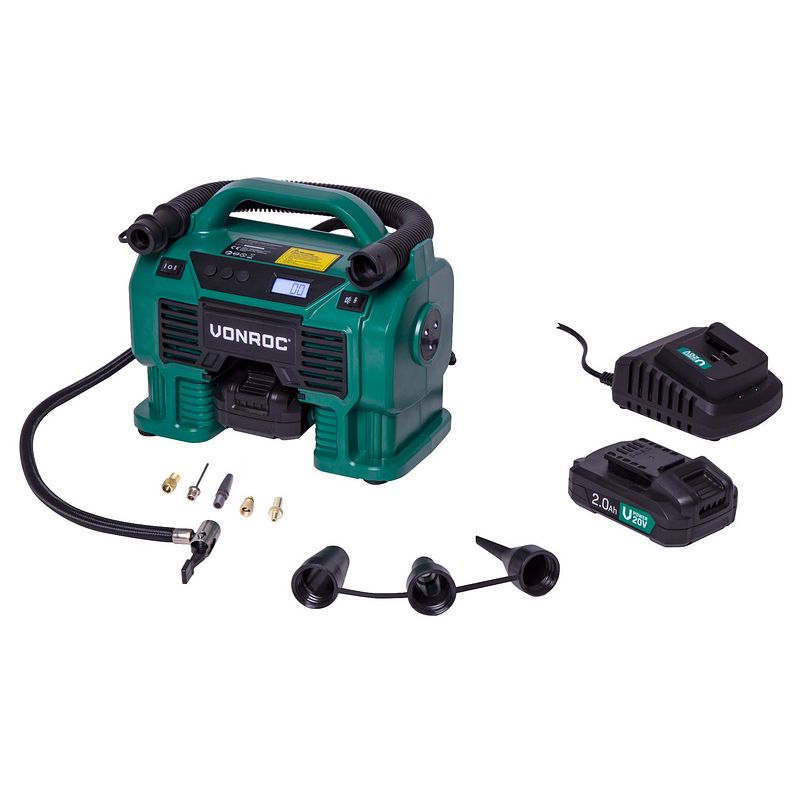 Foto van Vonroc accu compressor vpower 20v accu & 12v aansluiting - incl. 8 accessoires, 2 accu's en oplader