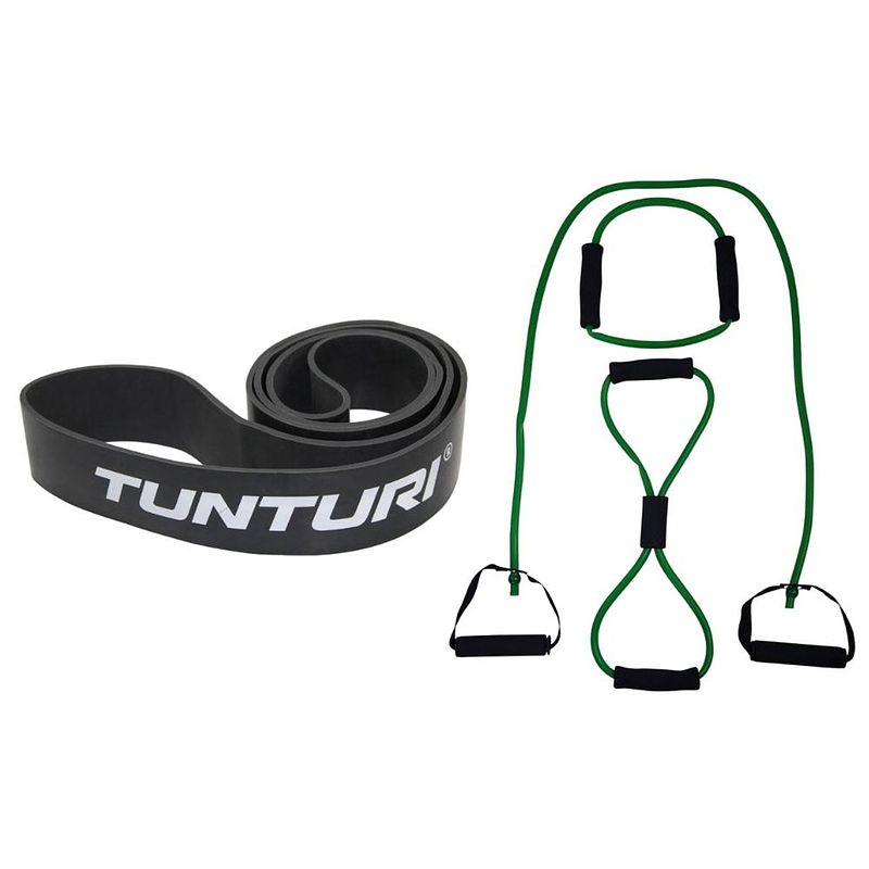 Foto van Tunturi - fitness set - weerstandsband zwart - extra heavy - tubing set groen