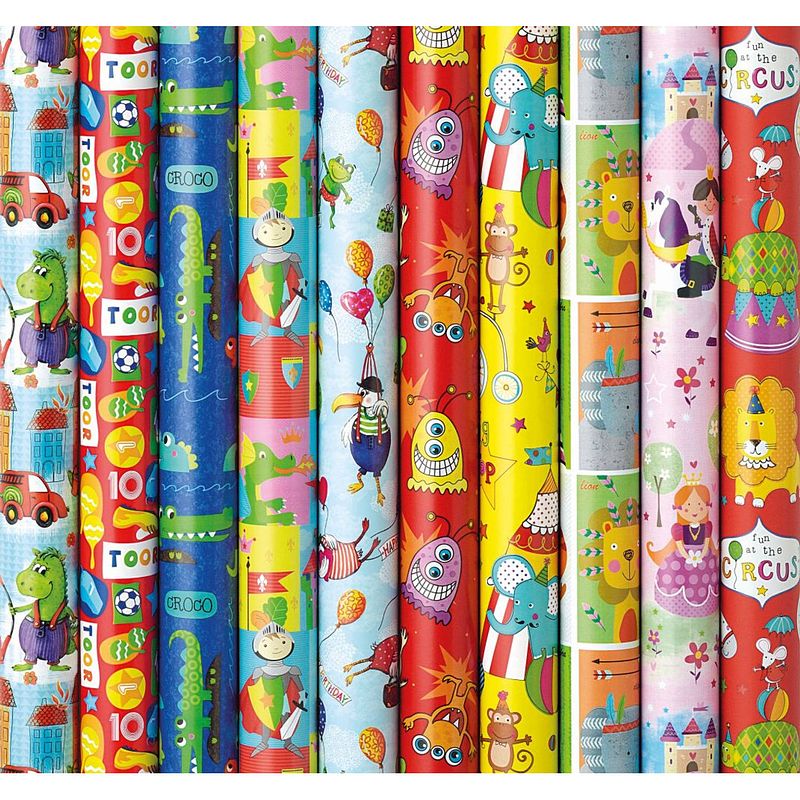 Foto van Assortiment luxe cadeaupapier inpakpapier voor kinderen 6 - 200 x 70 cm - 5 rollen