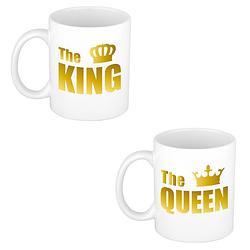 Foto van The queen en the king cadeau mok / beker wit met gouden kroon en letters 300 ml - feest mokken
