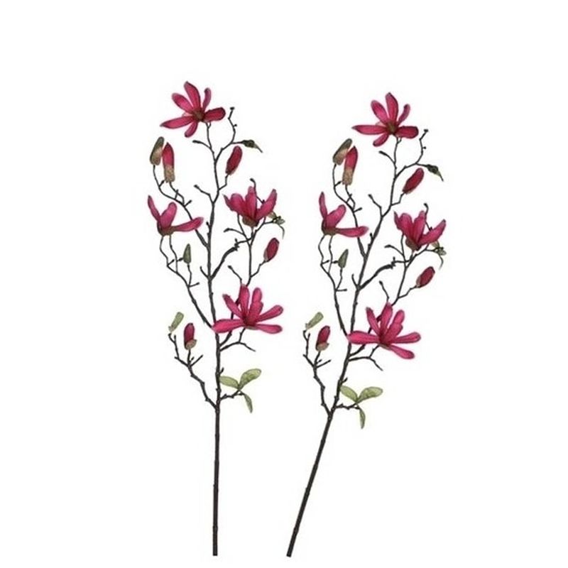 Foto van 2x fuchsia roze magnolia/beverboom kunsttakken kunstplant 80 cm - kunstplanten