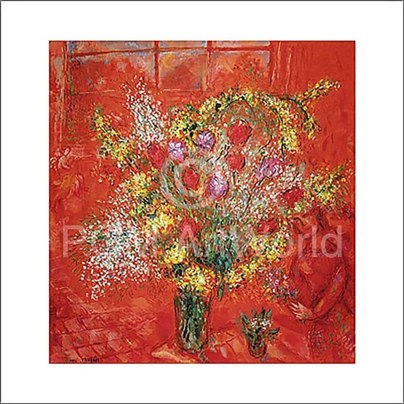 Foto van Marc chagall - fleurs sur fond rouge kunstdruk 70x70cm