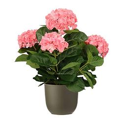 Foto van Hortensia kunstplant/kunstbloemen 45 cm - roze - in pot olijfgroen mat - kunstplanten