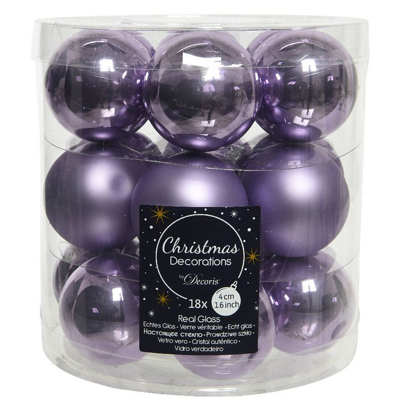 Foto van 18x stuks kleine glazen kerstballen heide lila paars 4 cm mat/glans - kerstbal