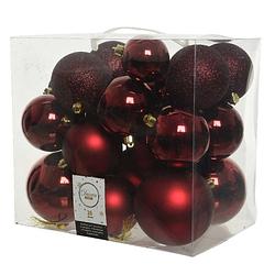 Foto van 26x stuks kunststof kerstballen donkerrood (oxblood) 6-8-10 cm - kerstbal