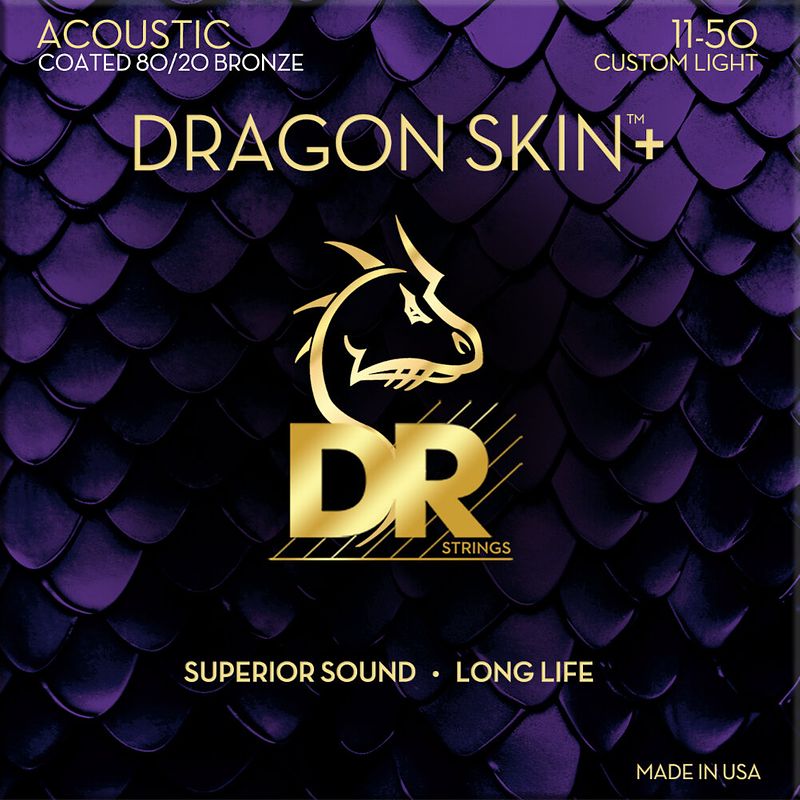 Foto van Dr strings dragon skin+ coated 80/20 custom light 11-50 snaren voor westerngitaar