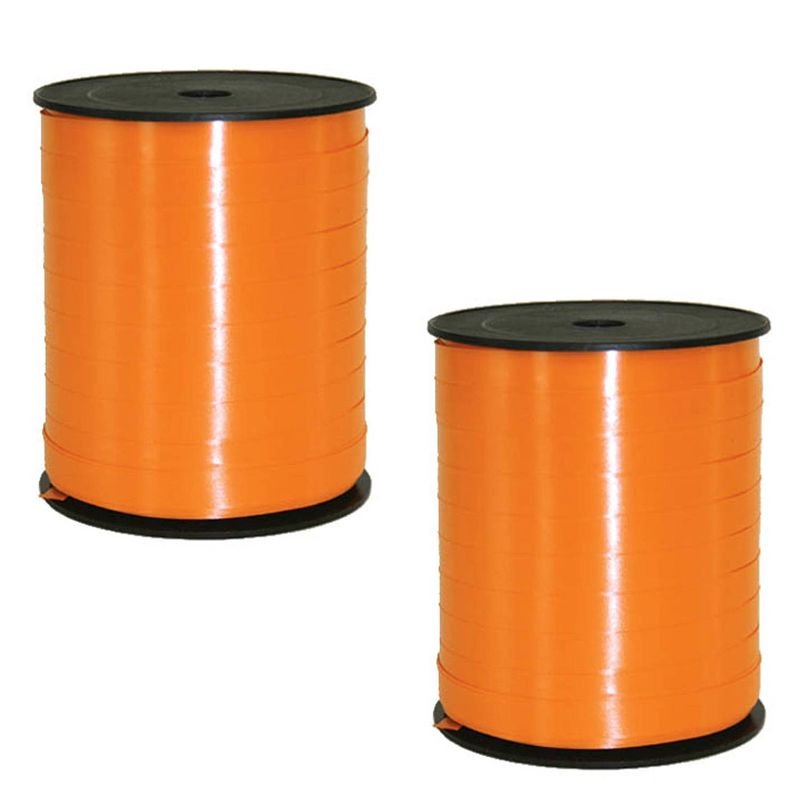 Foto van 2x rollen cadeaulint/sierlint in de kleur oranje 5 mm x 500 meter - cadeaulinten