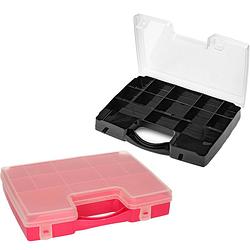 Foto van Forte plastics - 4x opberg vakjes doos/sorteerbox - 13-vaks kunststof - 27 x 20 x 3 cm - zwart/roze - opbergbox