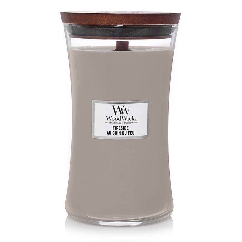 Foto van Woodwick large candle fireside