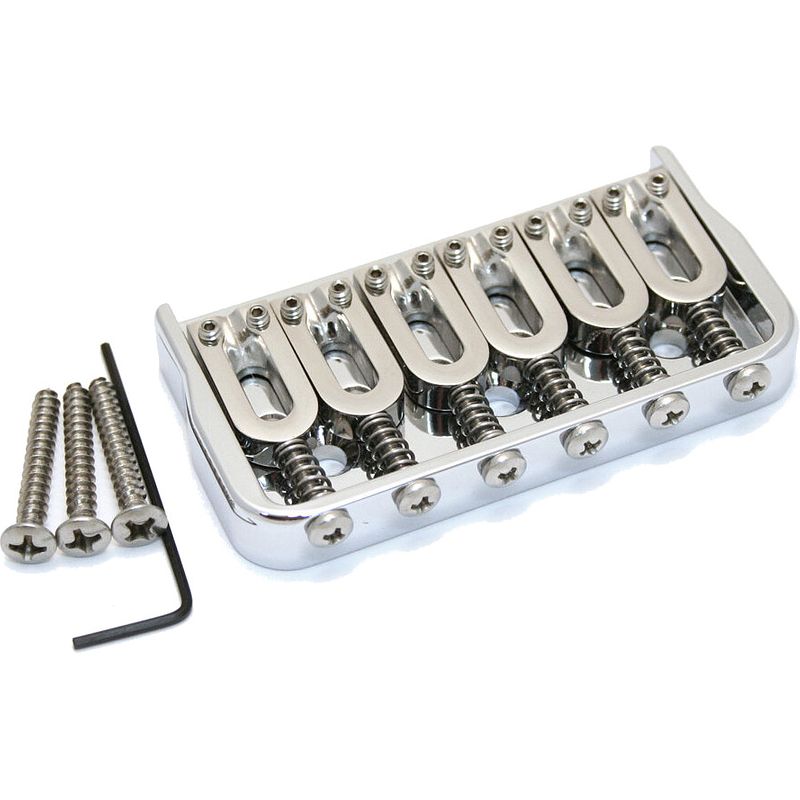 Foto van Hipshot 6-string fixed guitar bridge .175 inch chrome met stalen zadels en 4.5 mm grondplaat