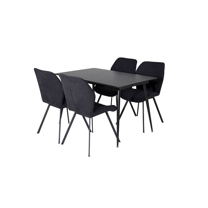 Foto van Silarblext eethoek eetkamertafel uitschuifbare tafel lengte cm 120 / 160 zwart en 4 gemma eetkamerstal zwart.