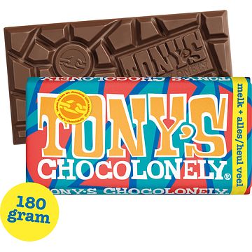 Foto van Tony'ss chocolonely melkchocolade reep karamel amandel pretzel zeezout 180g bij jumbo