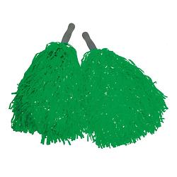 Foto van Cheerballs/pompoms - set van 2x - groen - met franjes en stick handgreep - 25 cm - voor kinderen - verkleedattributen