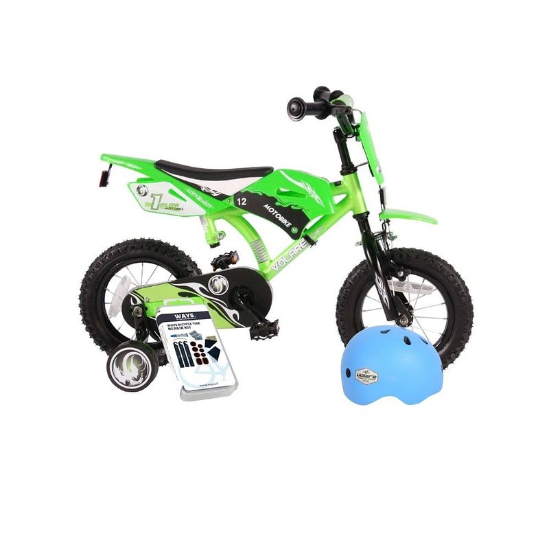 Foto van Volare kinderfiets motorbike - 12 inch - groen - inclusief fietshelm & accessoires