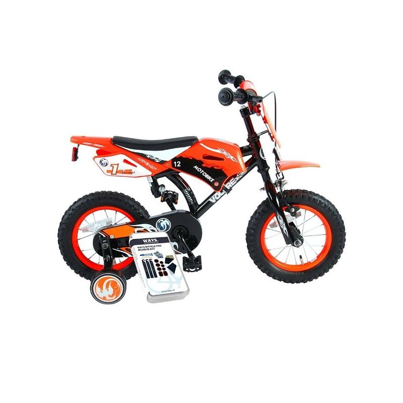 Foto van Volare kinderfiets motorbike - 12 inch - oranje - inclusief ways bandenplakset