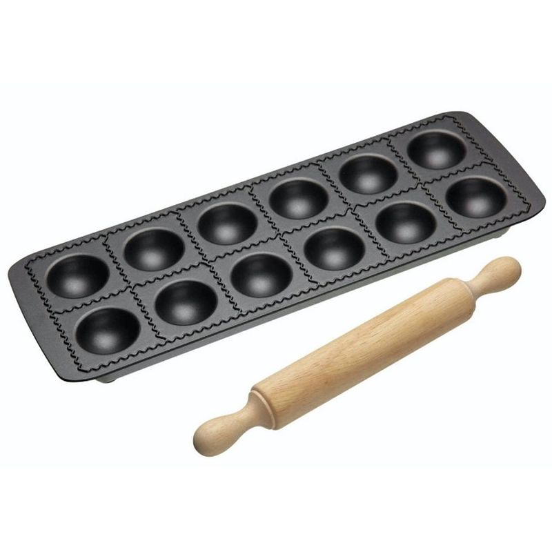 Foto van Kitchencraft - raviolivorm, pastavorm, met deegroller, non-stick, 12 stuks, carbonstaal, hout - kitchencraft world of