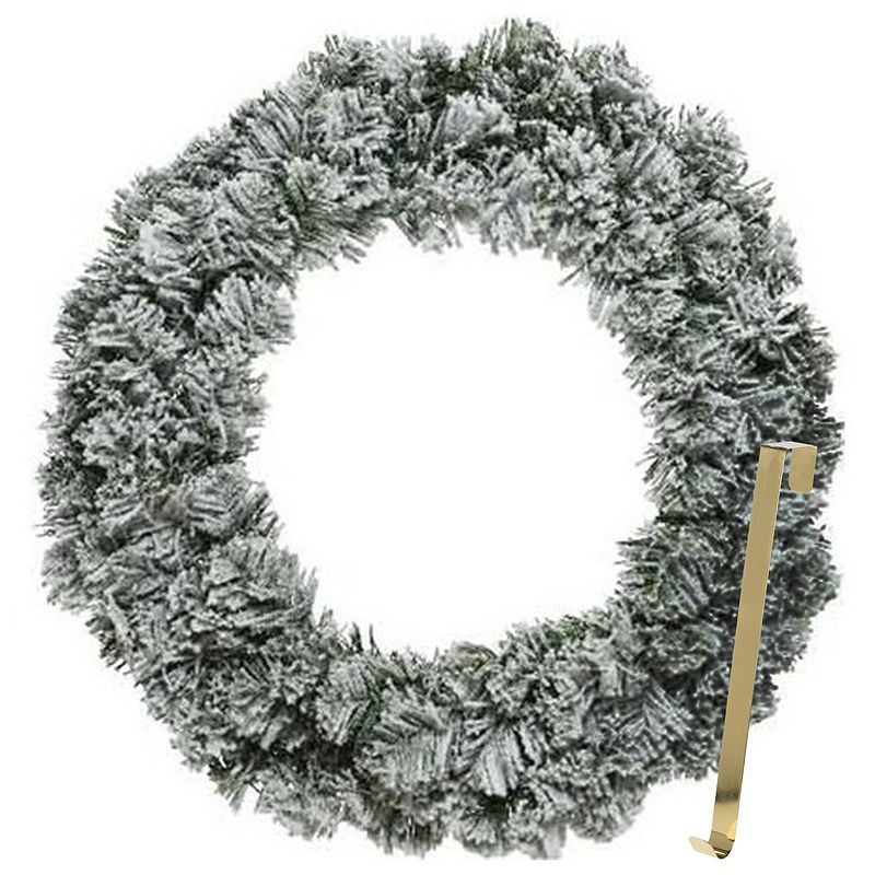 Foto van Kerstkrans 60 cm - groen - besneeuwd - met gouden hanger/ophanghaak - kerstversiering - kerstkransen