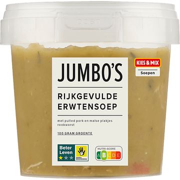 Foto van Jumbo verse soep erwten met rookworst 500g aanbieding bij jumbo | 2 bekers a 500ml