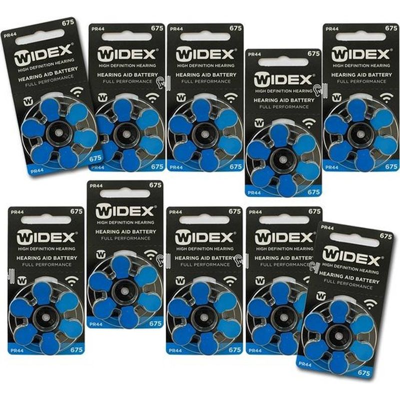 Foto van Widex hoortoestel batterijen 10 pakjes 60 batterijen blauwe sticker p675 gehoorapparaat
