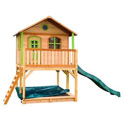 Foto van Axi marc speelhuis op palen, zandbak & groene glijbaan speelhuisje voor de tuin / buiten in bruin & groen van fsc hout