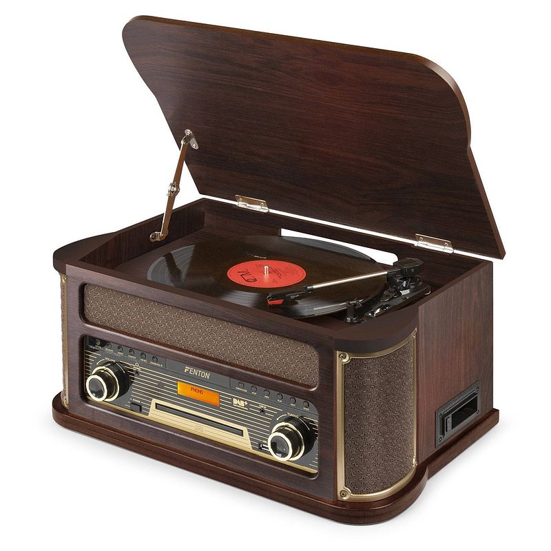 Foto van Retro platenspeler bluetooth - fenton memphis - cassette, mp3 speler, fm en dab radio - donkerbruin