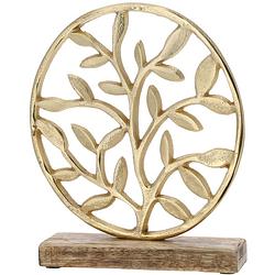 Foto van Decoratie levensboom rond van aluminium op houten voet 25 cm goud - beeldjes