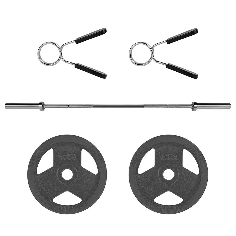Foto van Ryzor olympische halterstang - 180 cm - staal - zilver + halterschijf - 20 kg - gietijzer - grijs - 1 paar