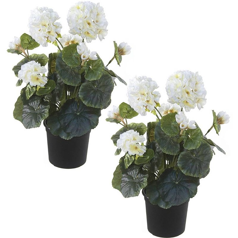 Foto van Set van 2x stuks witte geranium pelargonium graveolens kunstplanten in zwarte kunststof pot 35 cm - kunstplanten