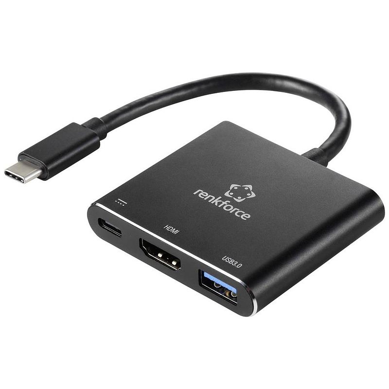 Foto van Renkforce rf-5133676 usb-c / hdmi adapter [1x usb-c stekker - 1x hdmi-bus, usb-c bus (power delivery), usb-a] zwart geschikt voor hdmi 20 cm