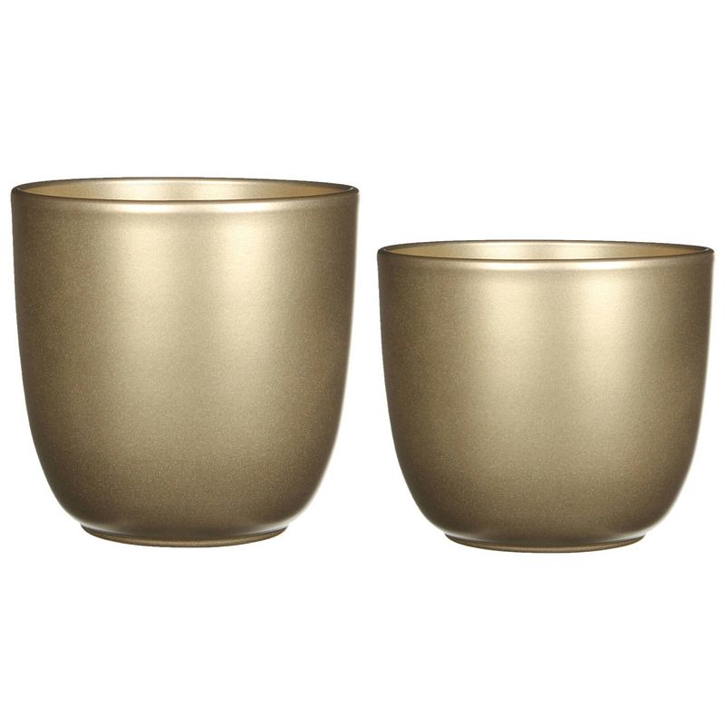 Foto van Plantenpot/bloempotten set - 2x stuks - keramiek - goud - d14.5 en d19 cm - plantenpotten