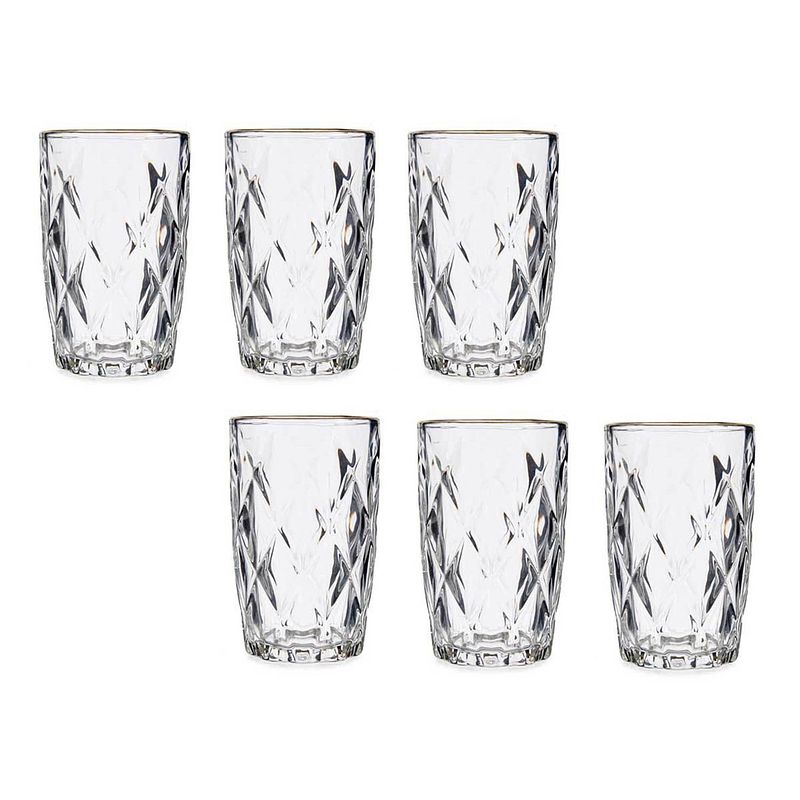 Foto van Set van 6x stuks luxe gedecoreerd glas drinkglazen/waterglazen van 340 ml transparant/goud - drinkglazen