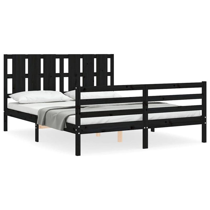 Foto van The living store massief grenenhouten bedframe - 205.5 x 165.5 x 100 cm - zwart - matras niet inbegrepen