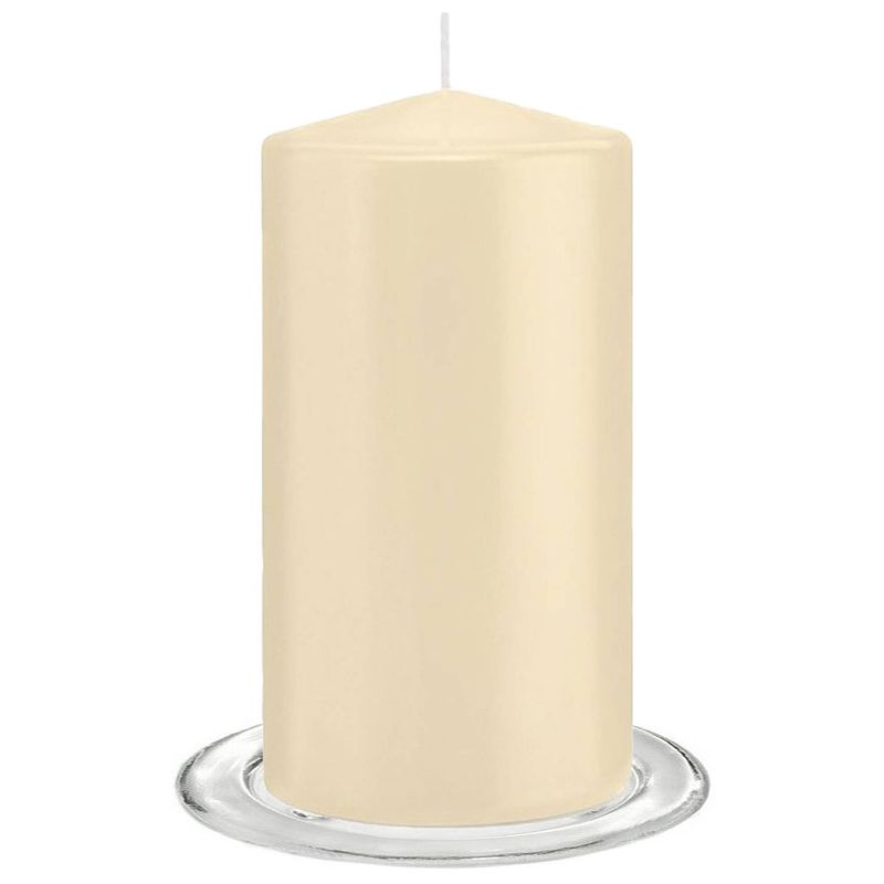 Foto van Trend candles - stompkaarsen met glazen onderzetters set van 2x stuks - creme wit 8 x 15 cm - stompkaarsen