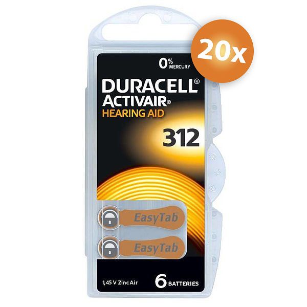 Foto van Voordeelpak duracell gehoorapparaat batterijen - type 312 (bruin) - 20 x 6 stuks